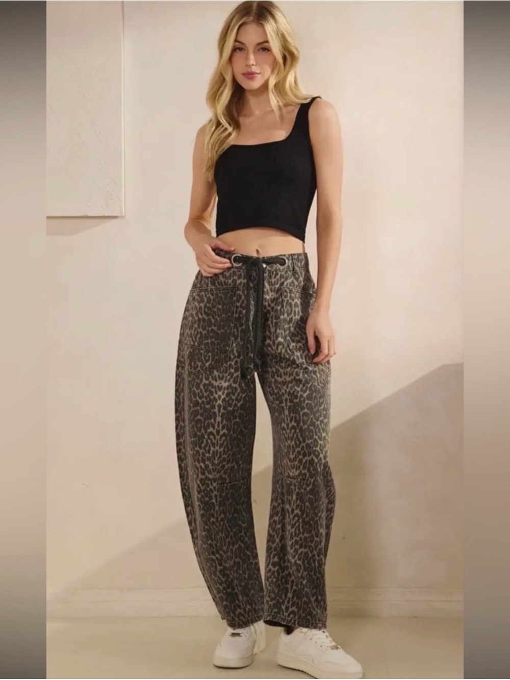 VEVERET Leopard Print Barrel Leg Drawstring Pants - Black/Brown/Grey